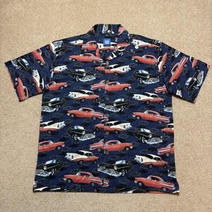 David Carey GM Chevrolet Shirt Mens XL Blue Car Print Button Up Camp Hawaiian